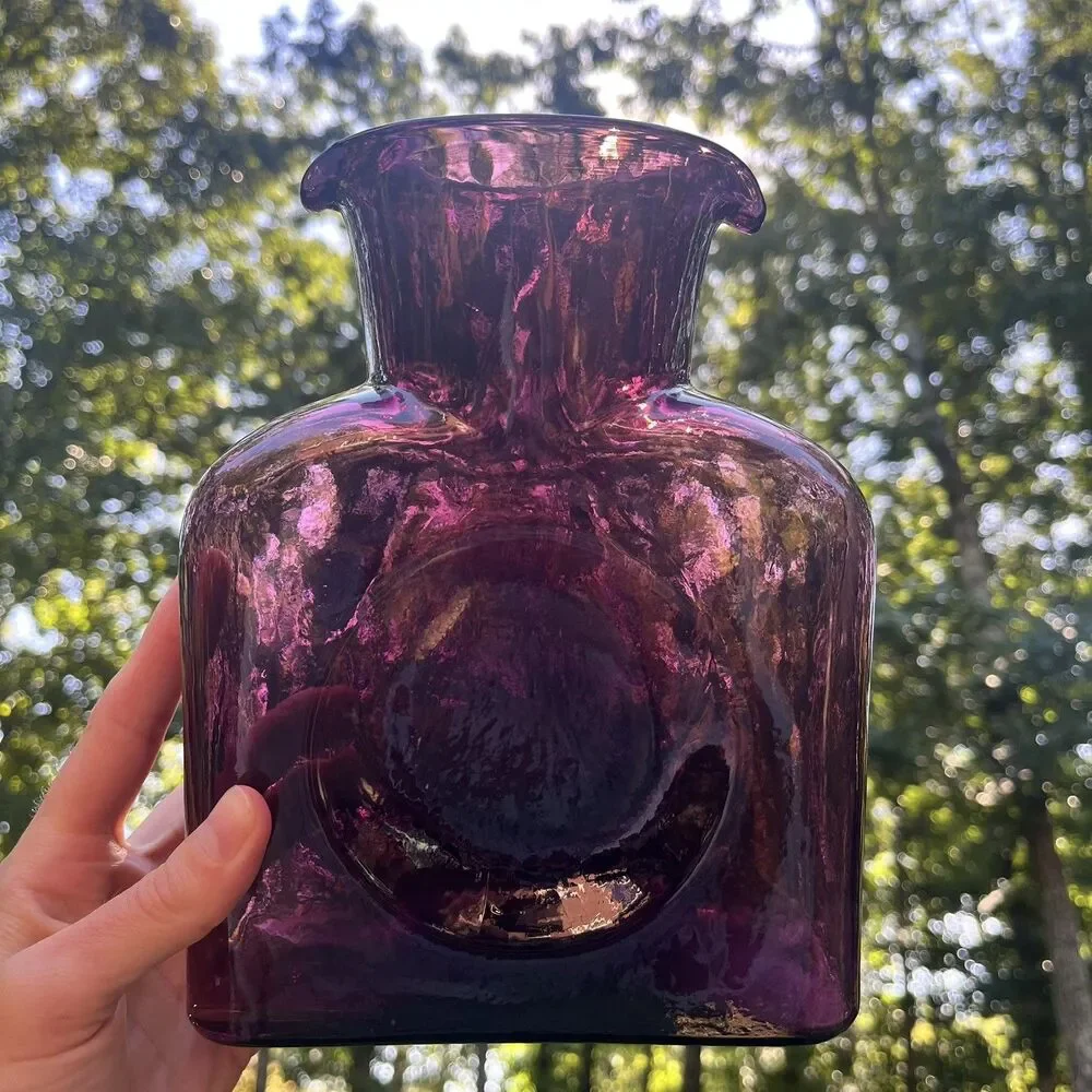 Blenko #384 Amethyst Double Spout Water Bottle Hand Blown MCM Glass 2001 Signed